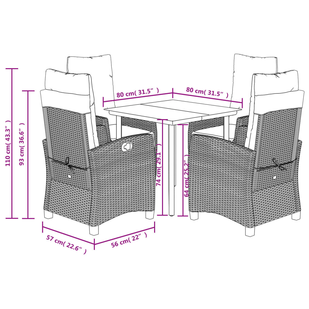 vidaXL 5 Piece Patio Dining Set with Cushions Gray Poly Rattan