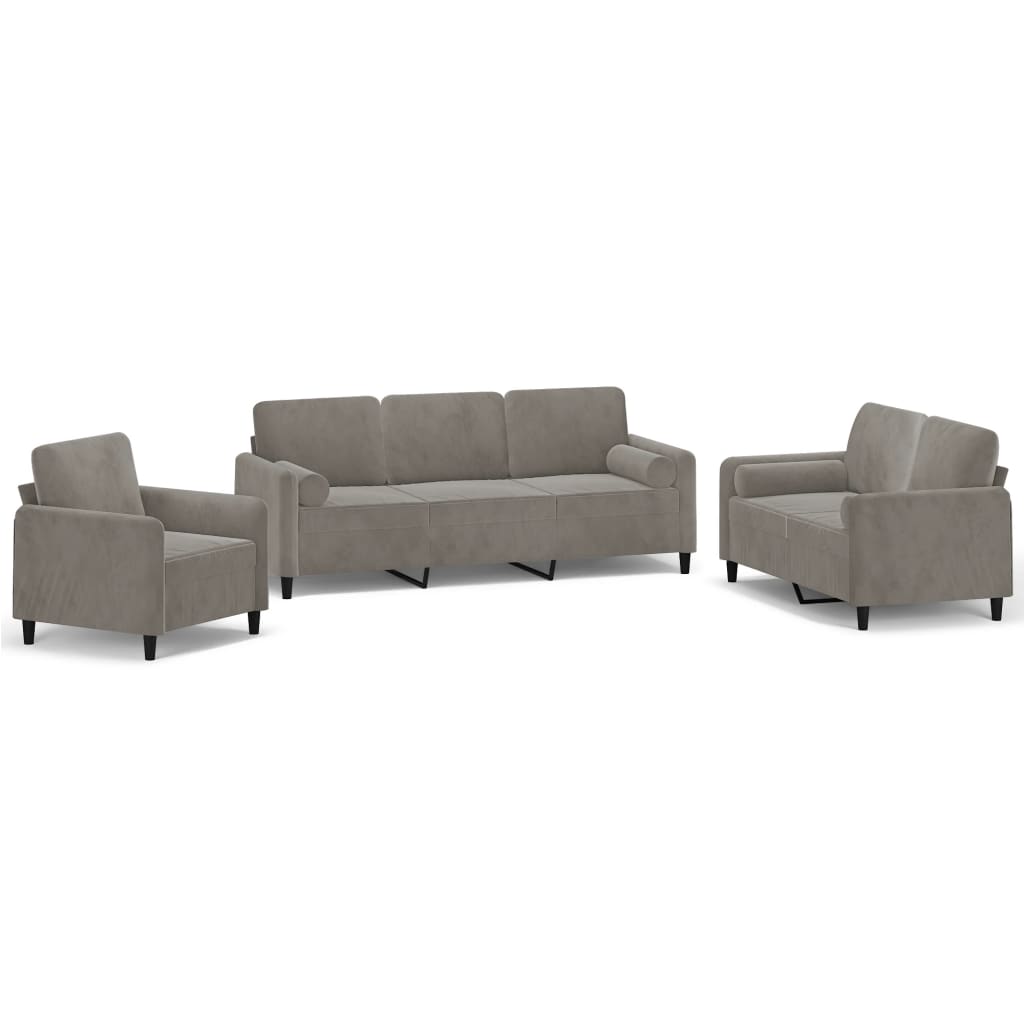 vidaXL 3 Piece Sofa Set with Throw Pillows&Cushions Light Gray Velvet