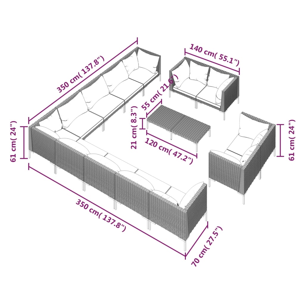 vidaXL 14 Piece Patio Lounge Set with Cushions Poly Rattan Dark Gray