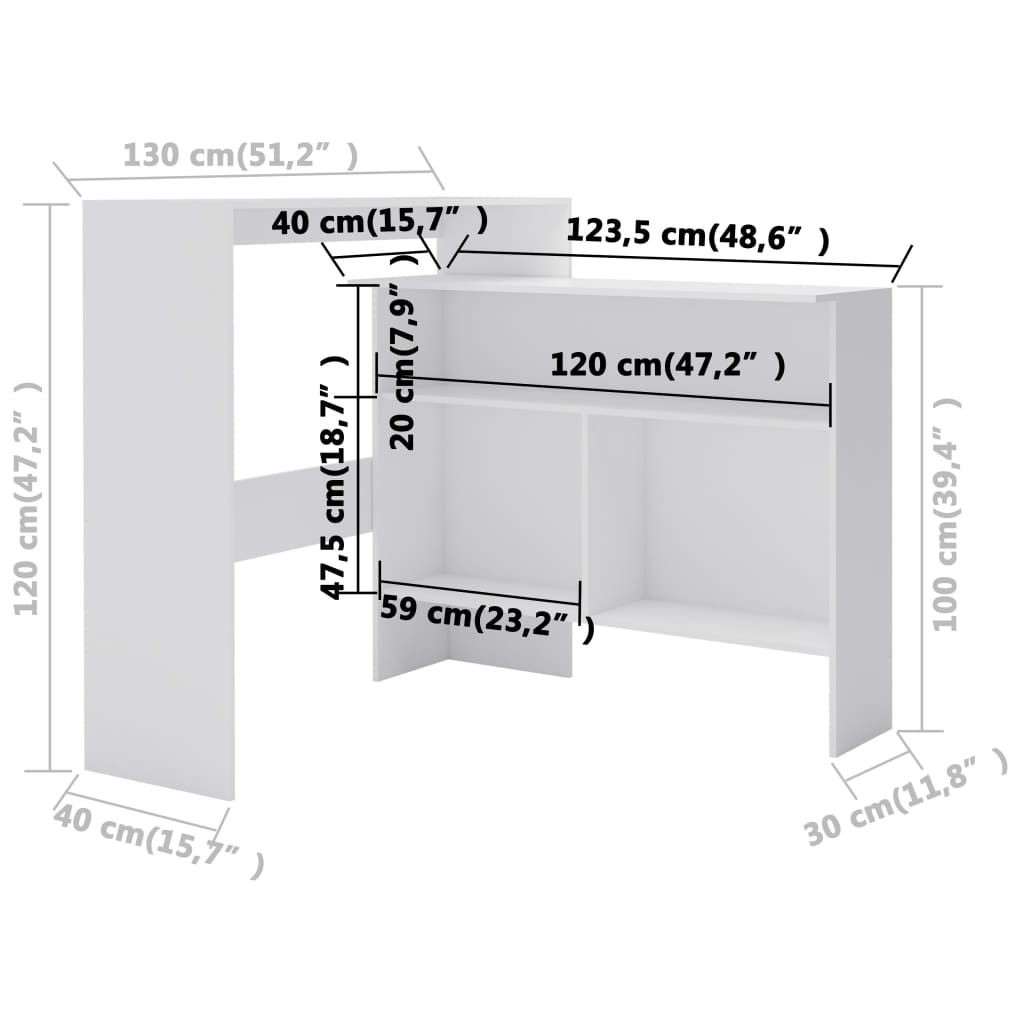 vidaXL Bar Table with 2 Table Tops White 51.2"x15.7"x47.2"