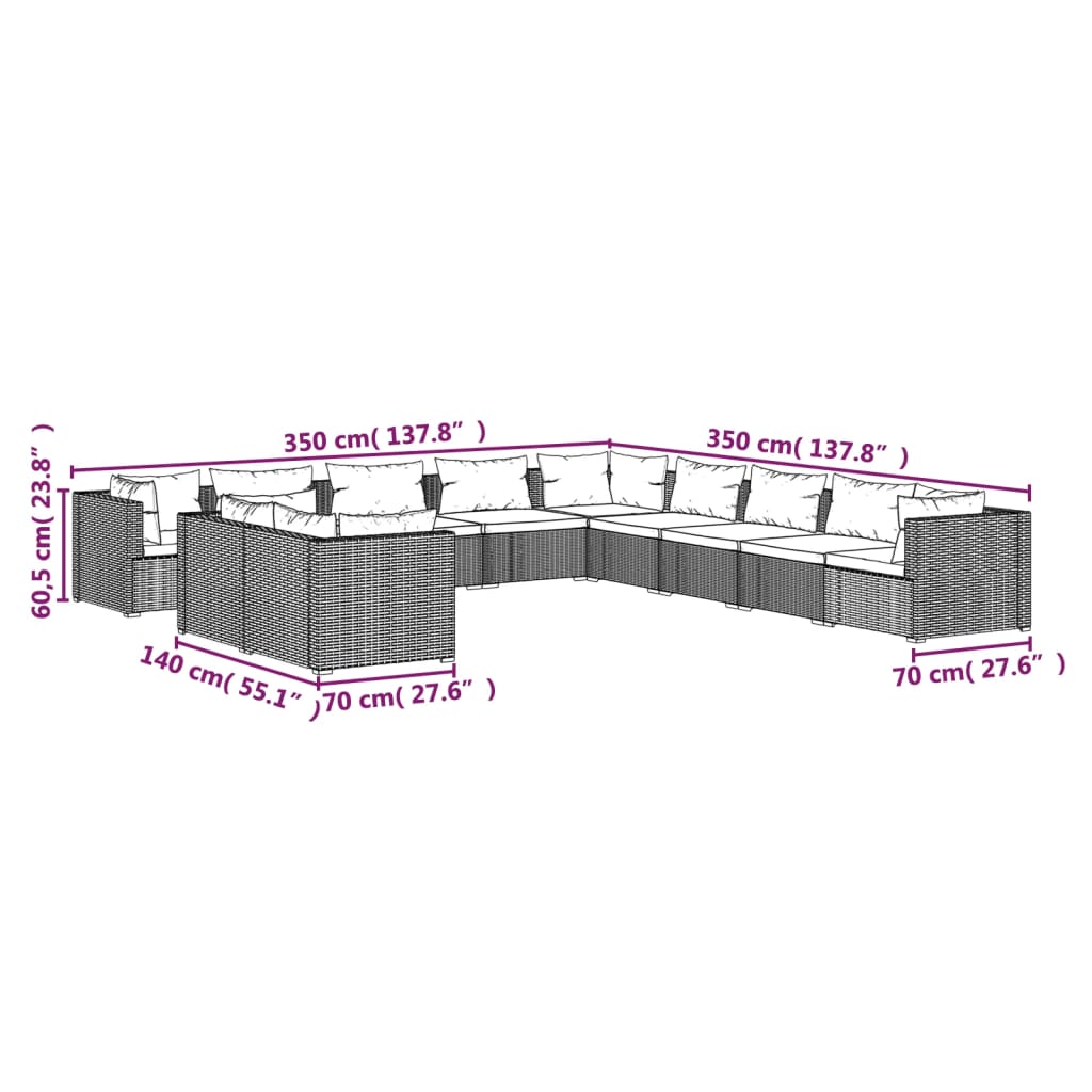 vidaXL 11 Piece Patio Lounge Set with Cushions Gray Poly Rattan