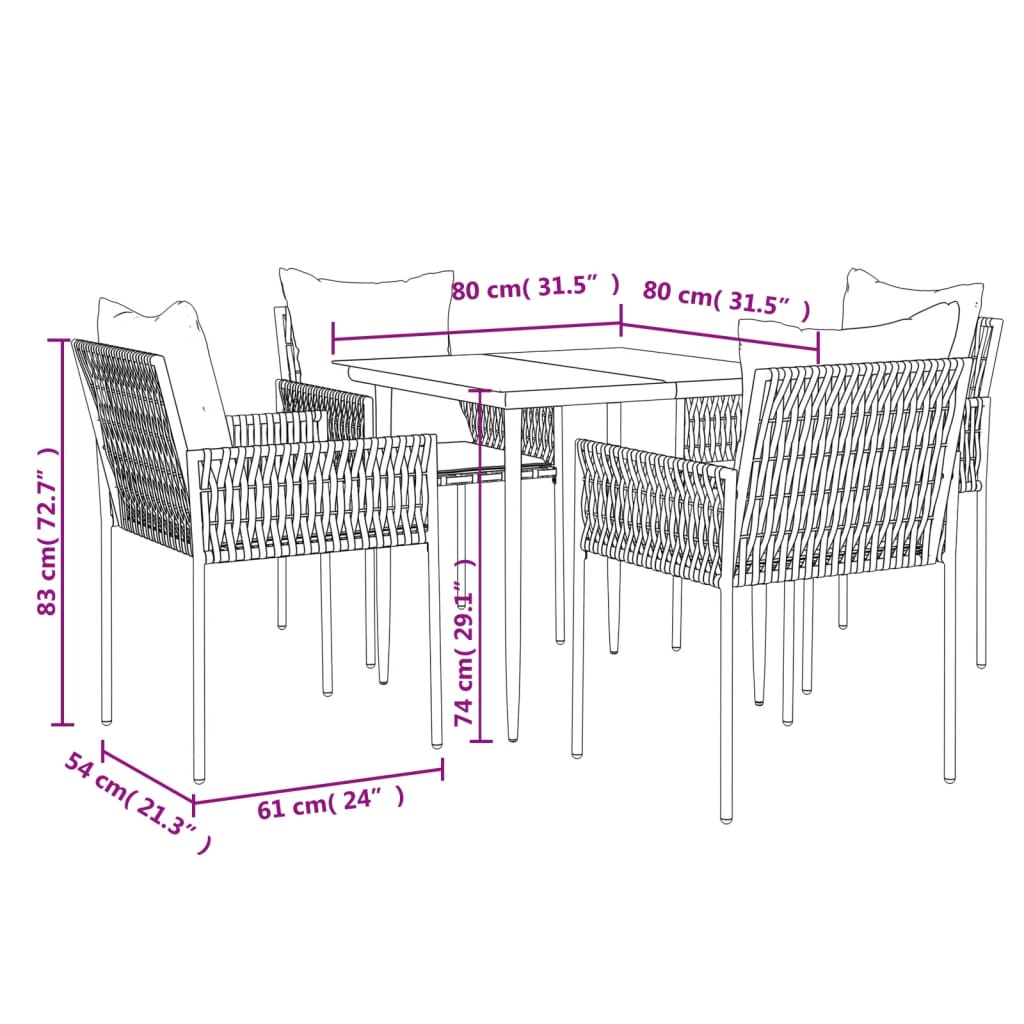 vidaXL 5 Piece Patio Dining Set with Cushions Poly Rattan and Steel