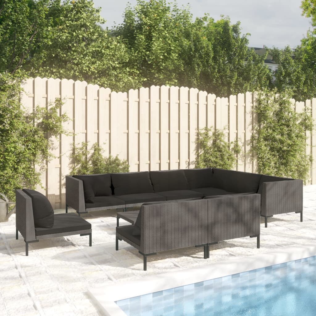 vidaXL 10 Piece Patio Lounge Set with Cushions Poly Rattan Dark Gray