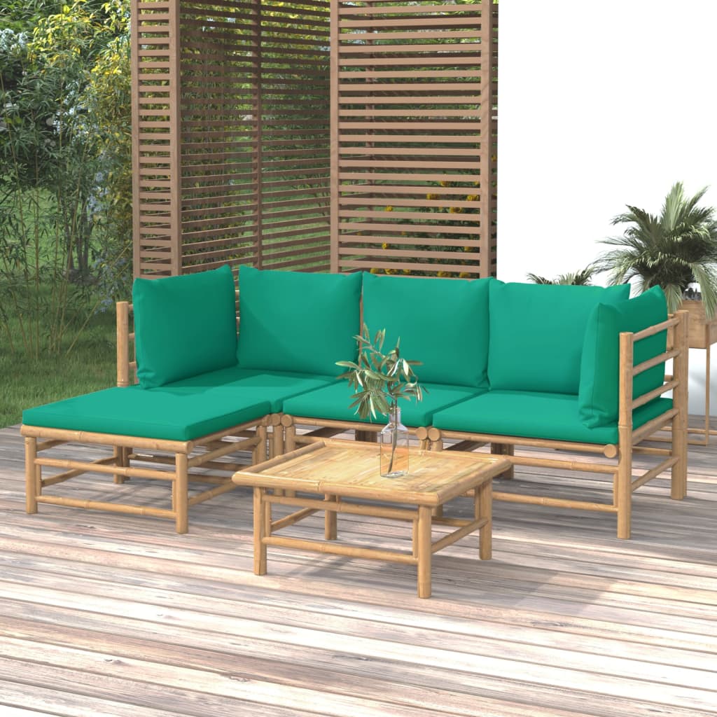 vidaXL 5 Piece Patio Lounge Set with Green Cushions Bamboo