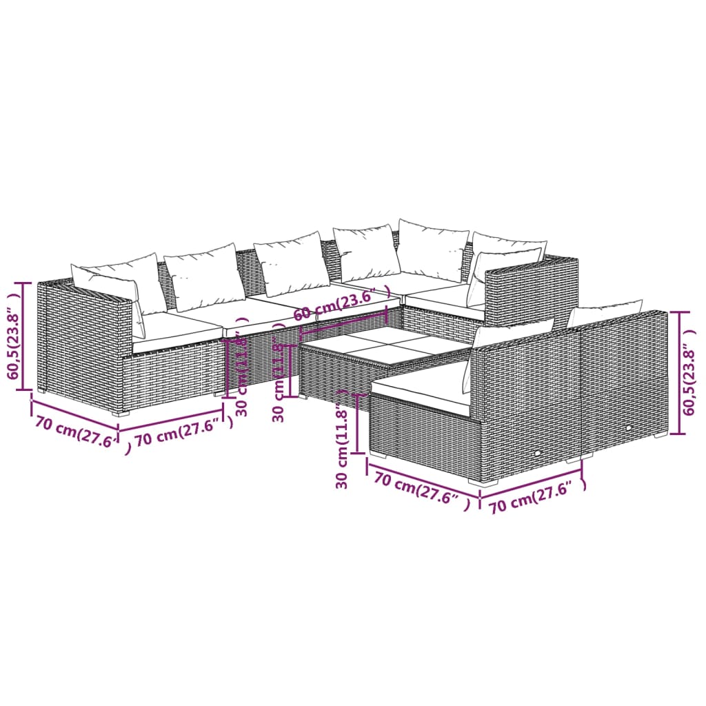 vidaXL 8 Piece Patio Lounge Set with Cushions Brown Poly Rattan