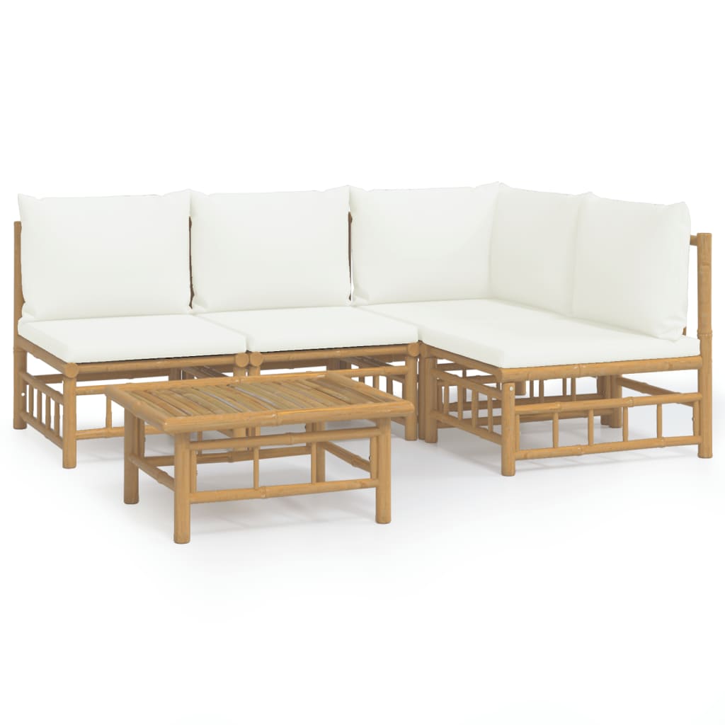 vidaXL 5 Piece Patio Lounge Set with Cream White Cushions Bamboo