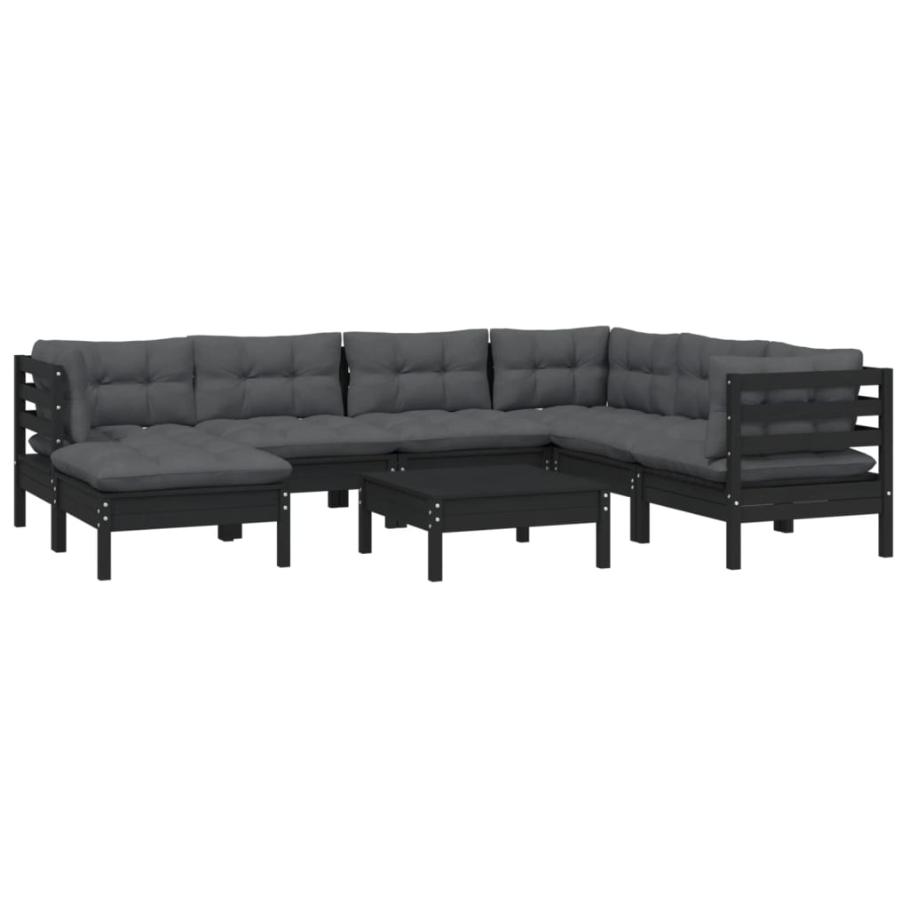 vidaXL 8 Piece Patio Lounge Set with Cushions Black Solid Pinewood