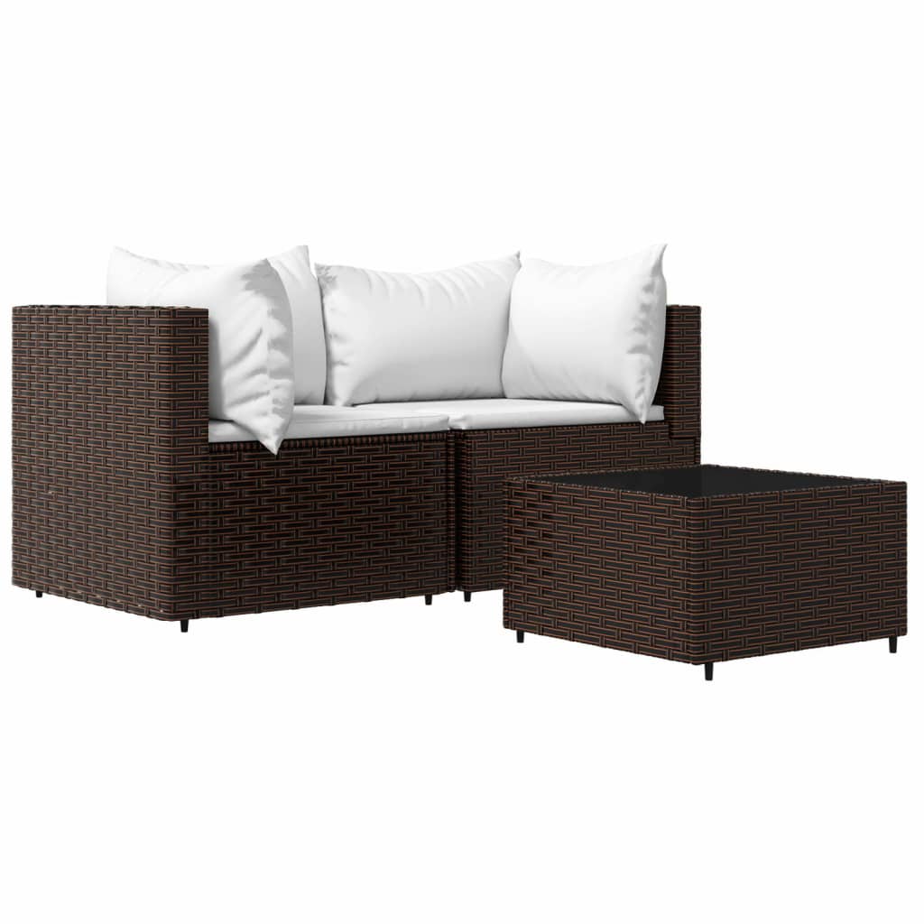 vidaXL 3 Piece Patio Lounge Set with Cushions Brown Poly Rattan