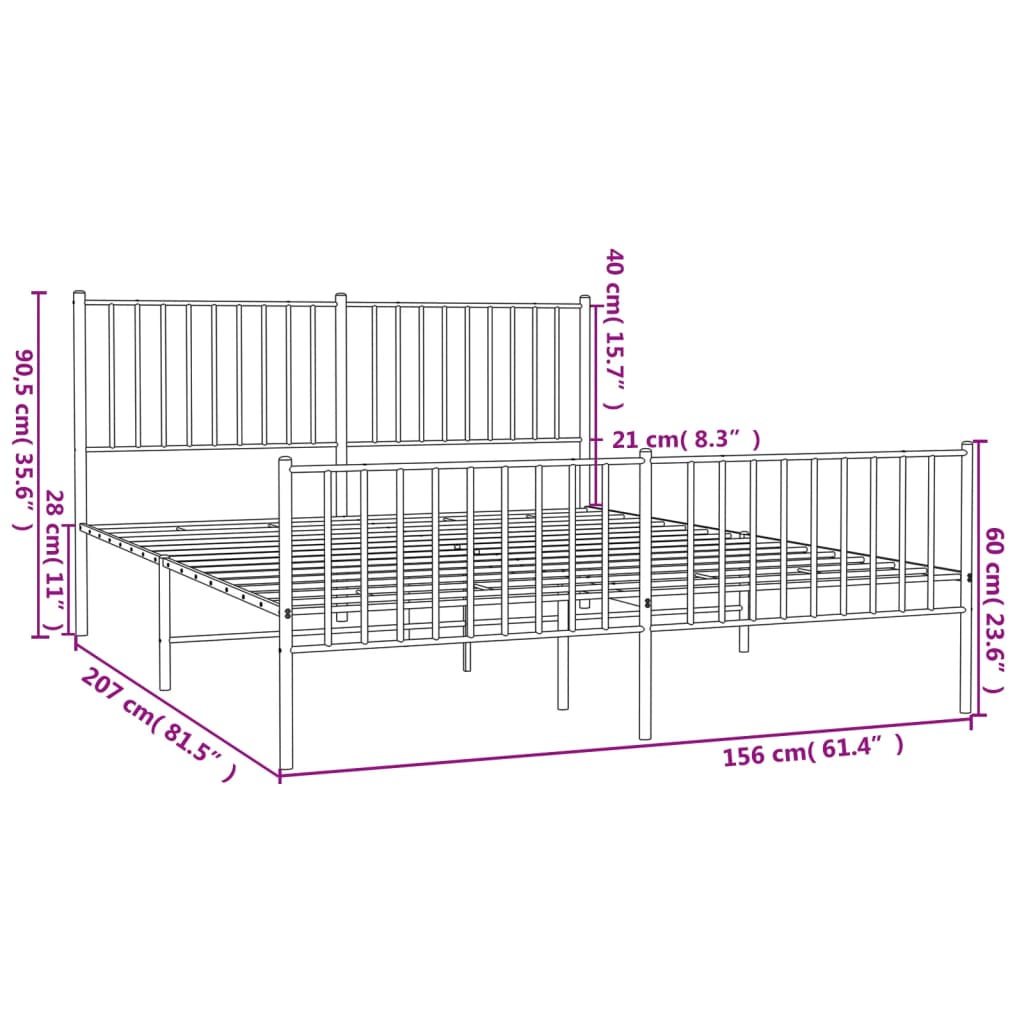 vidaXL Metal Bed Frame without Mattress with Footboard White 59.1"x78.7"