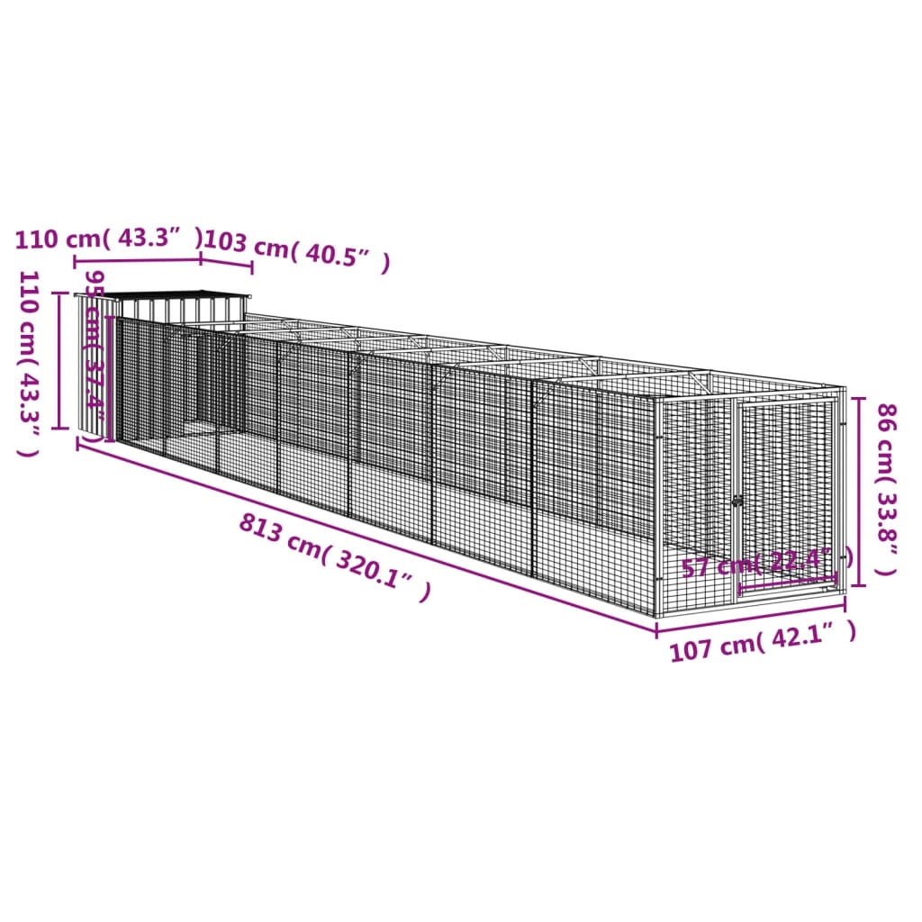 vidaXL Dog House with Run Anthracite 43.3"x320.1"x43.3" Galvanized Steel