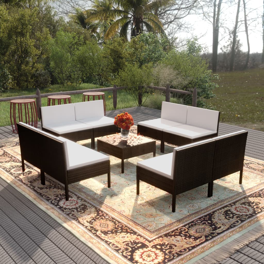 vidaXL 9 Piece Patio Lounge Set with Cushions Poly Rattan Black