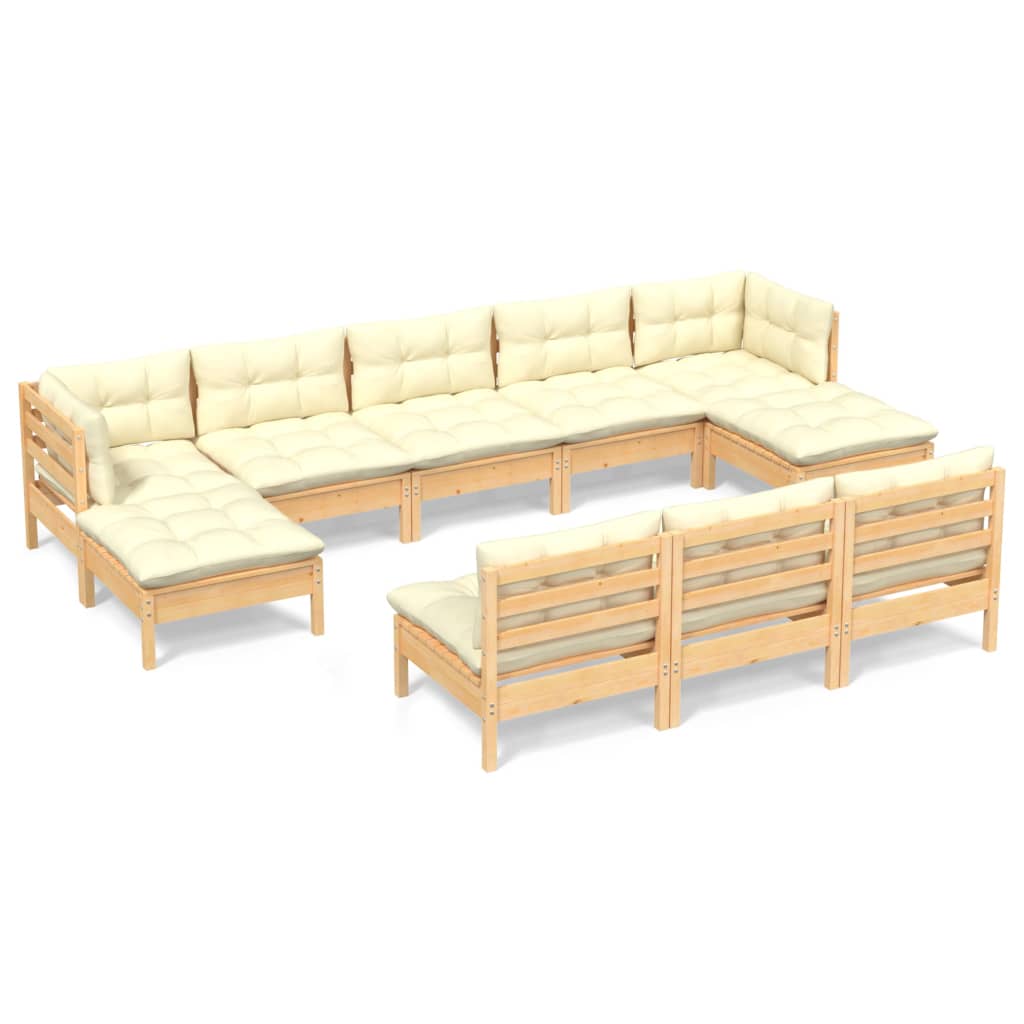 vidaXL 10 Piece Patio Lounge Set with Cream Cushions Pinewood