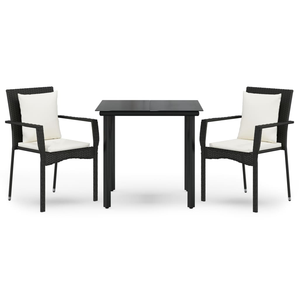 vidaXL 3 Piece Patio Dining Set with Cushions Black Poly Rattan