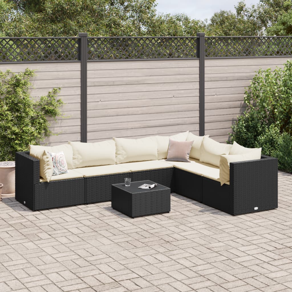 vidaXL 7 Piece Patio Lounge Set with Cushions Black Poly Rattan