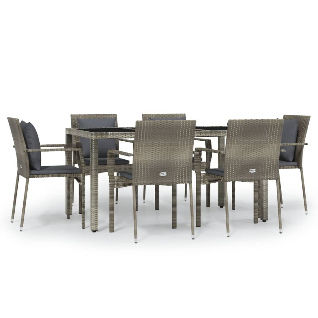 vidaXL 7 Piece Patio Dining Set with Cushions Gray Poly Rattan