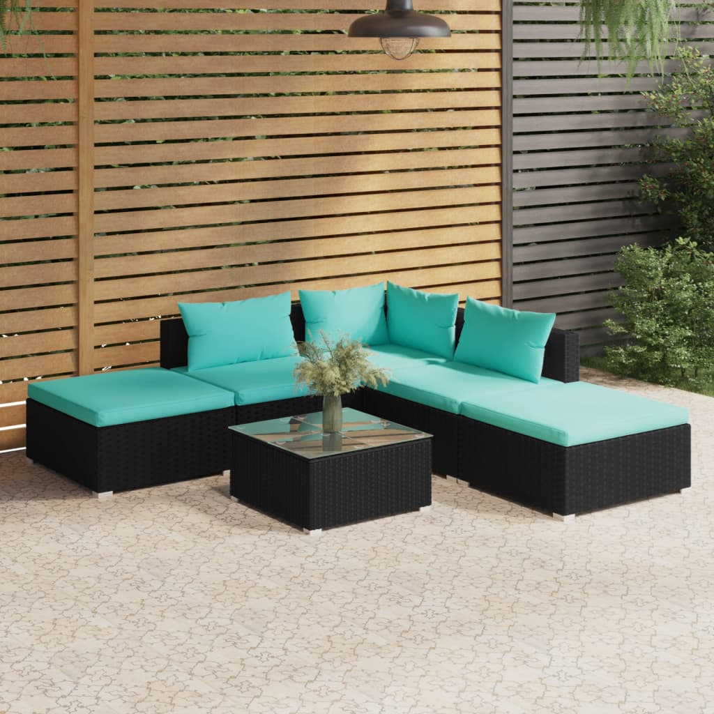 vidaXL 6 Piece Patio Lounge Set with Cushions Poly Rattan Black