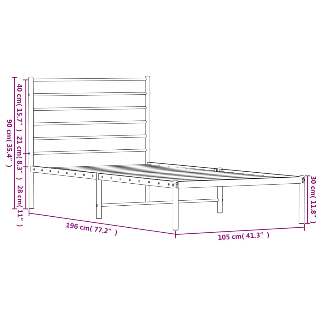 vidaXL Metal Bed Frame without Mattress with Headboard White 39.4"x74.8"