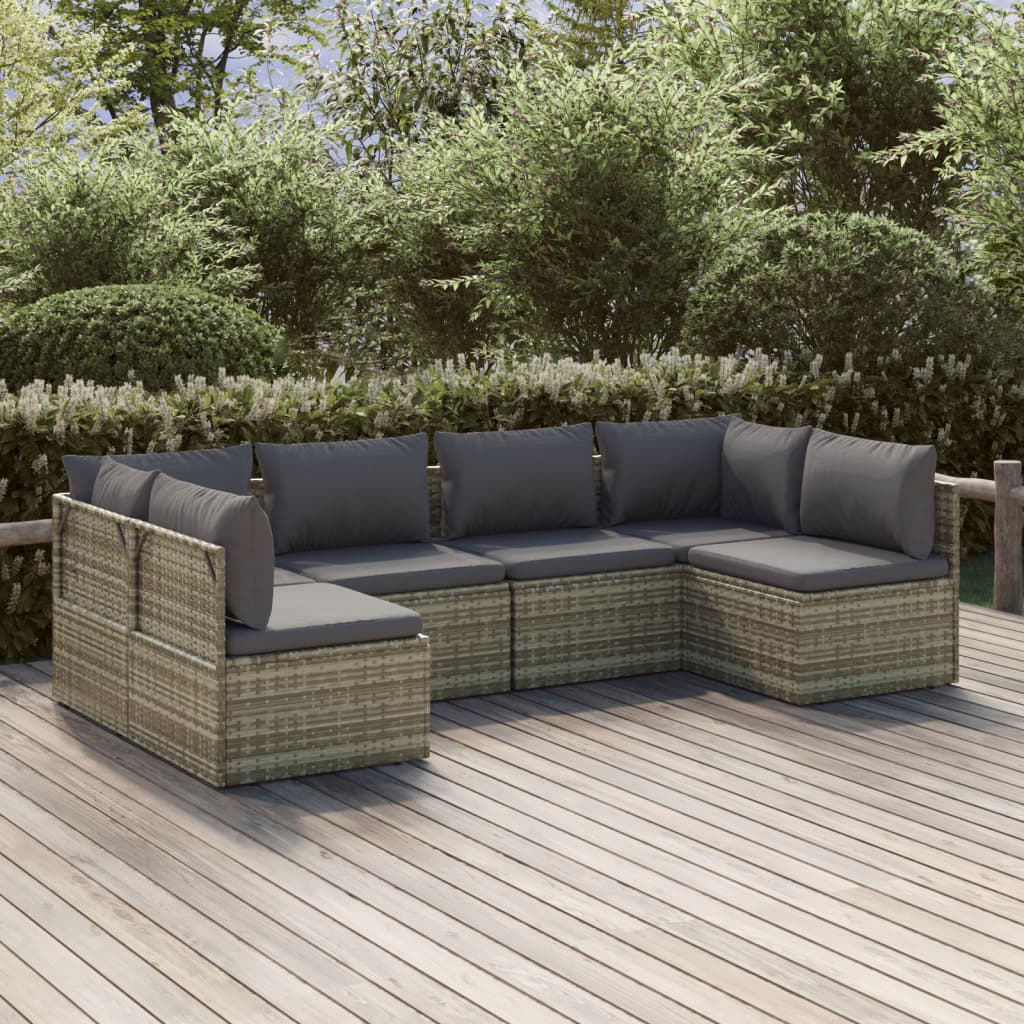 vidaXL 6 Piece Patio Lounge Set with Cushions Gray Poly Rattan