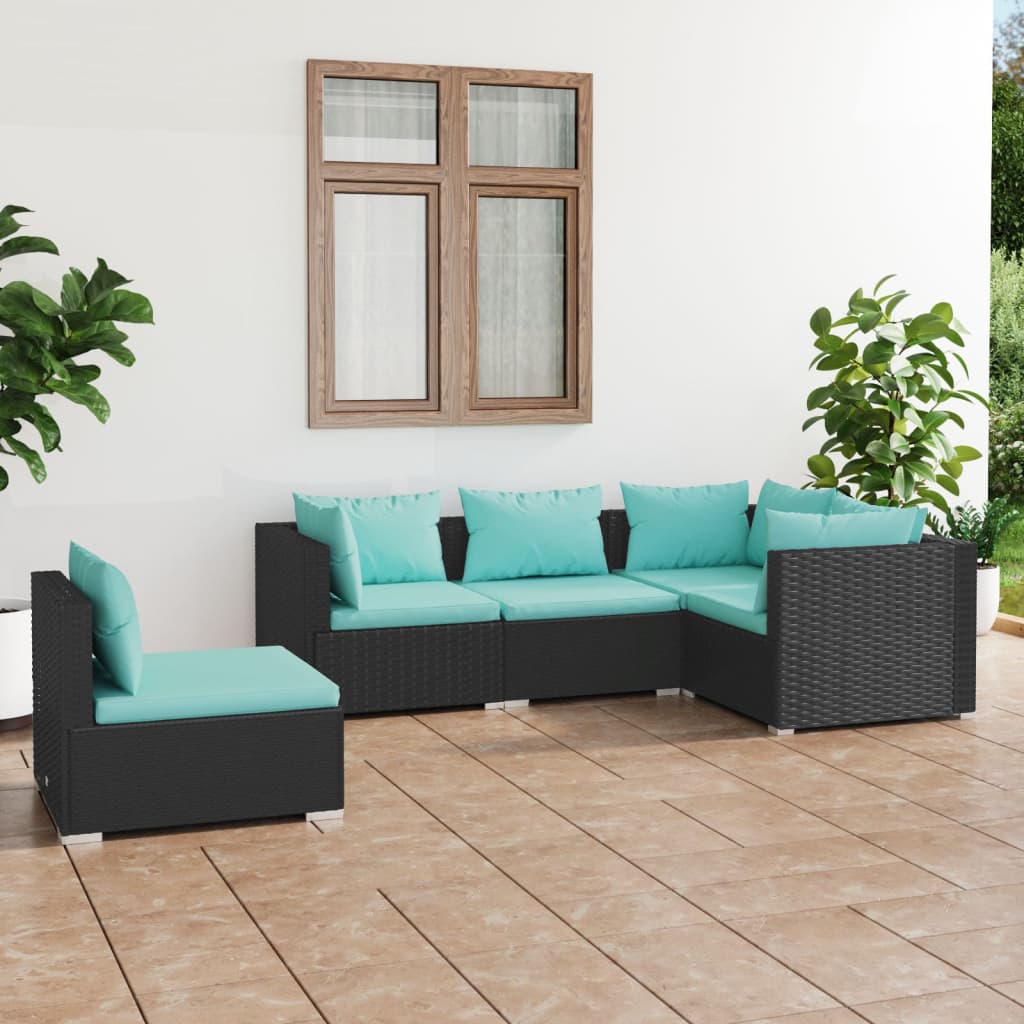 vidaXL 5 Piece Patio Lounge Set with Cushions Poly Rattan Black