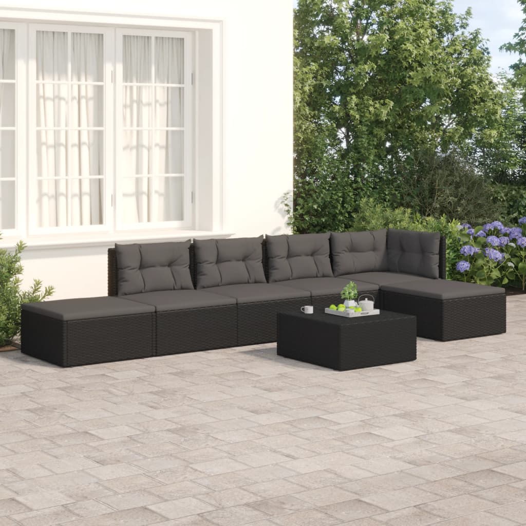 vidaXL 6 Piece Patio Lounge Set with Cushions Black Poly Rattan