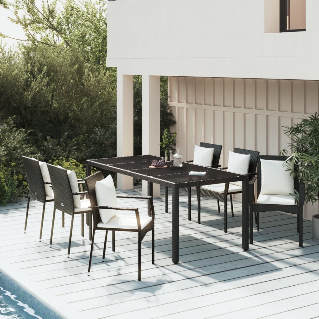 vidaXL 7 Piece Patio Dining Set with Cushions Black Poly Rattan