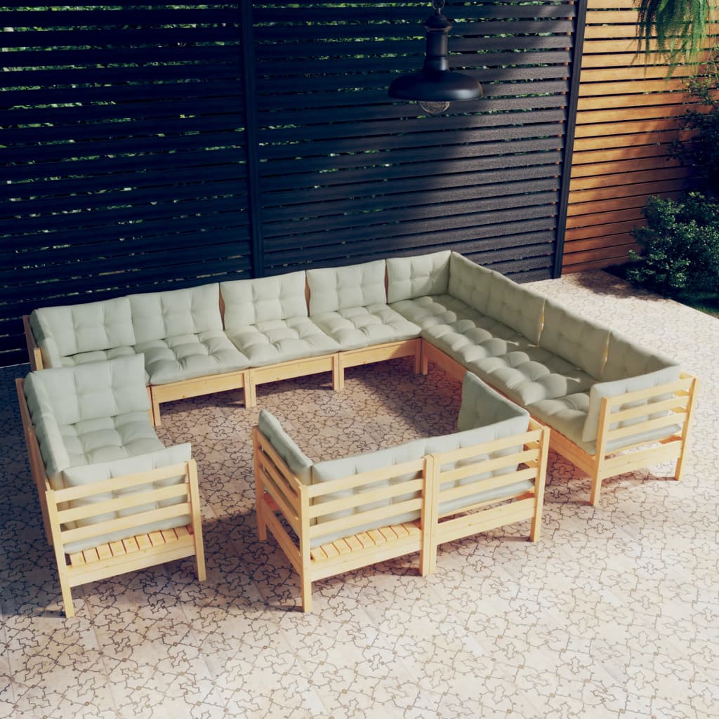 vidaXL 12 Piece Patio Lounge Set with Cream Cushions Solid Pinewood