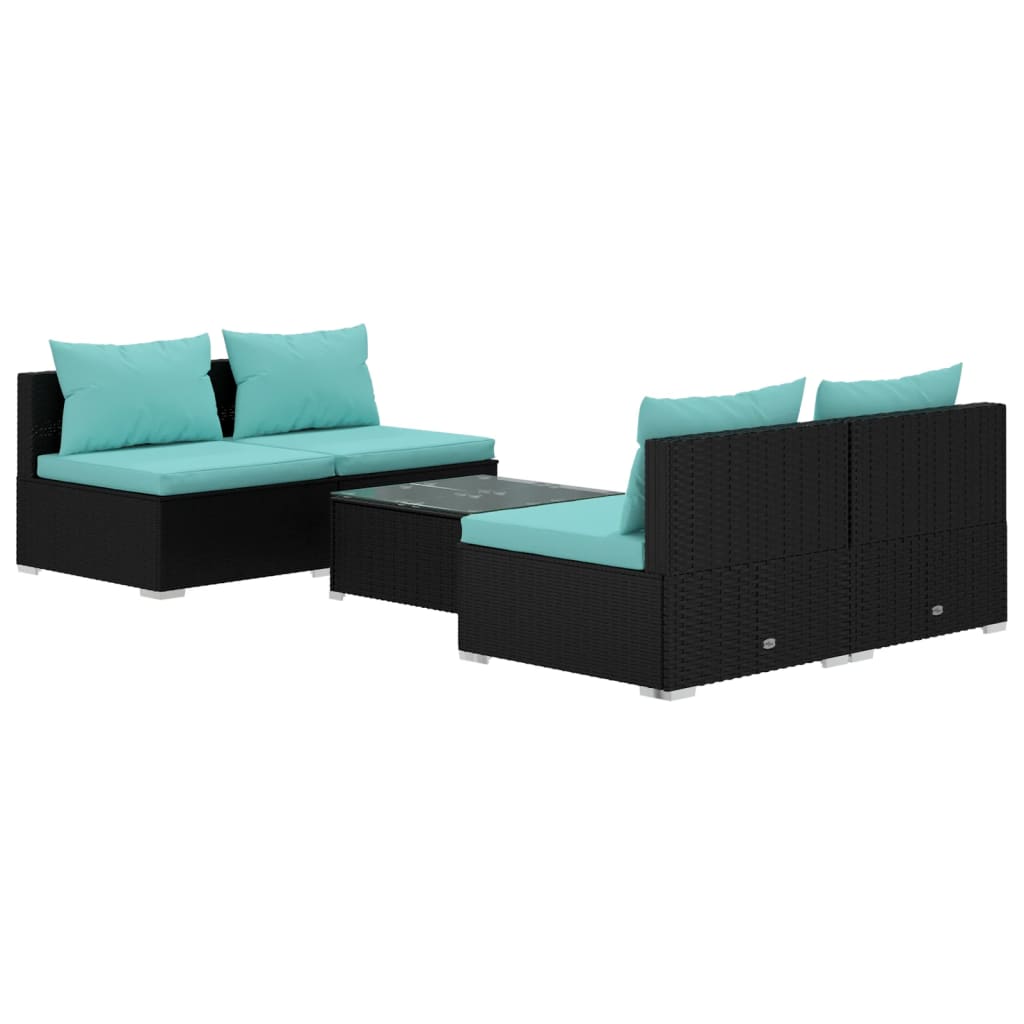 vidaXL 5 Piece Patio Lounge Set with Cushions Poly Rattan Black