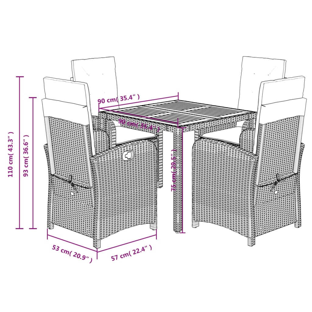 vidaXL 5 Piece Patio Dining Set with Cushions Black Poly Rattan