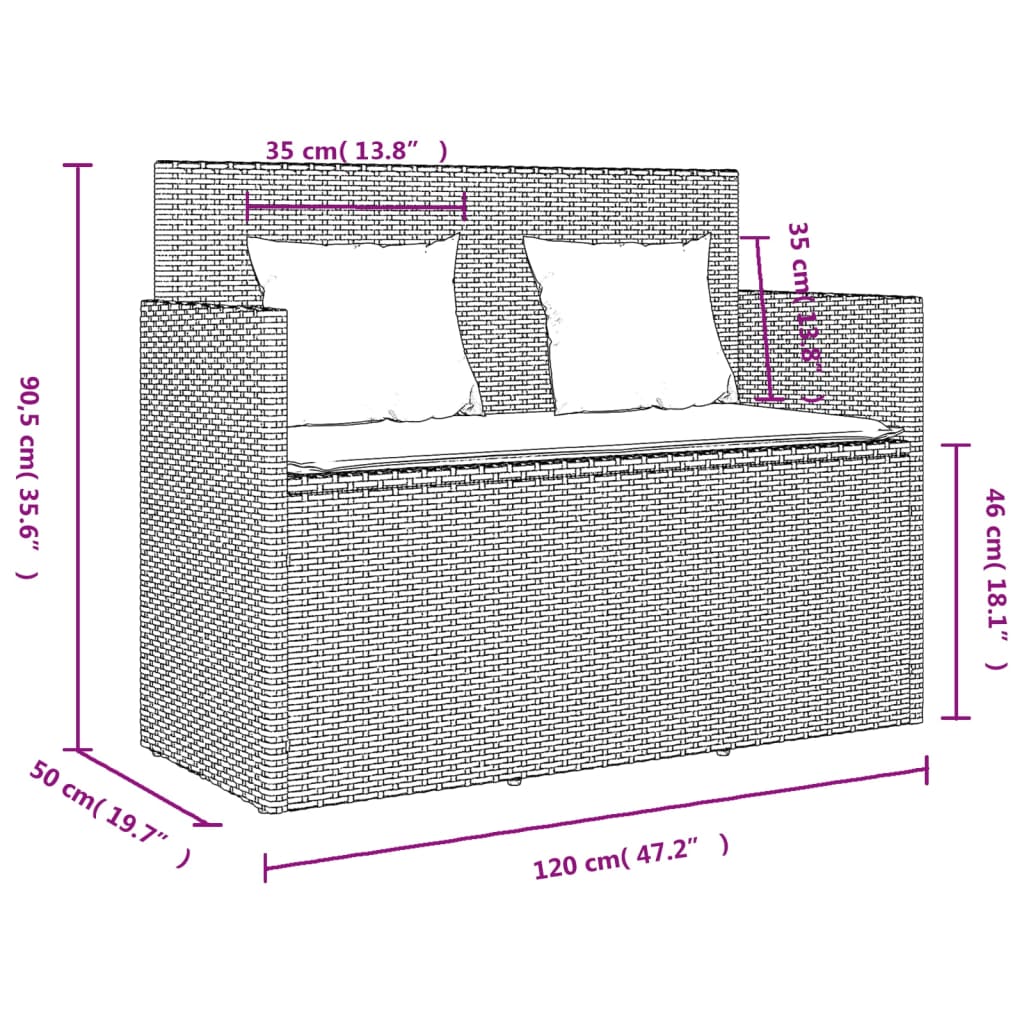 vidaXL Patio Bench with Cushions Brown Poly Rattan