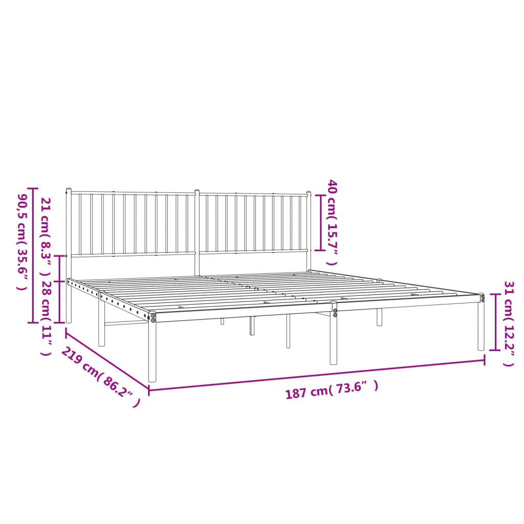 vidaXL Metal Bed Frame without Mattress with Headboard Black 72"x83.9"