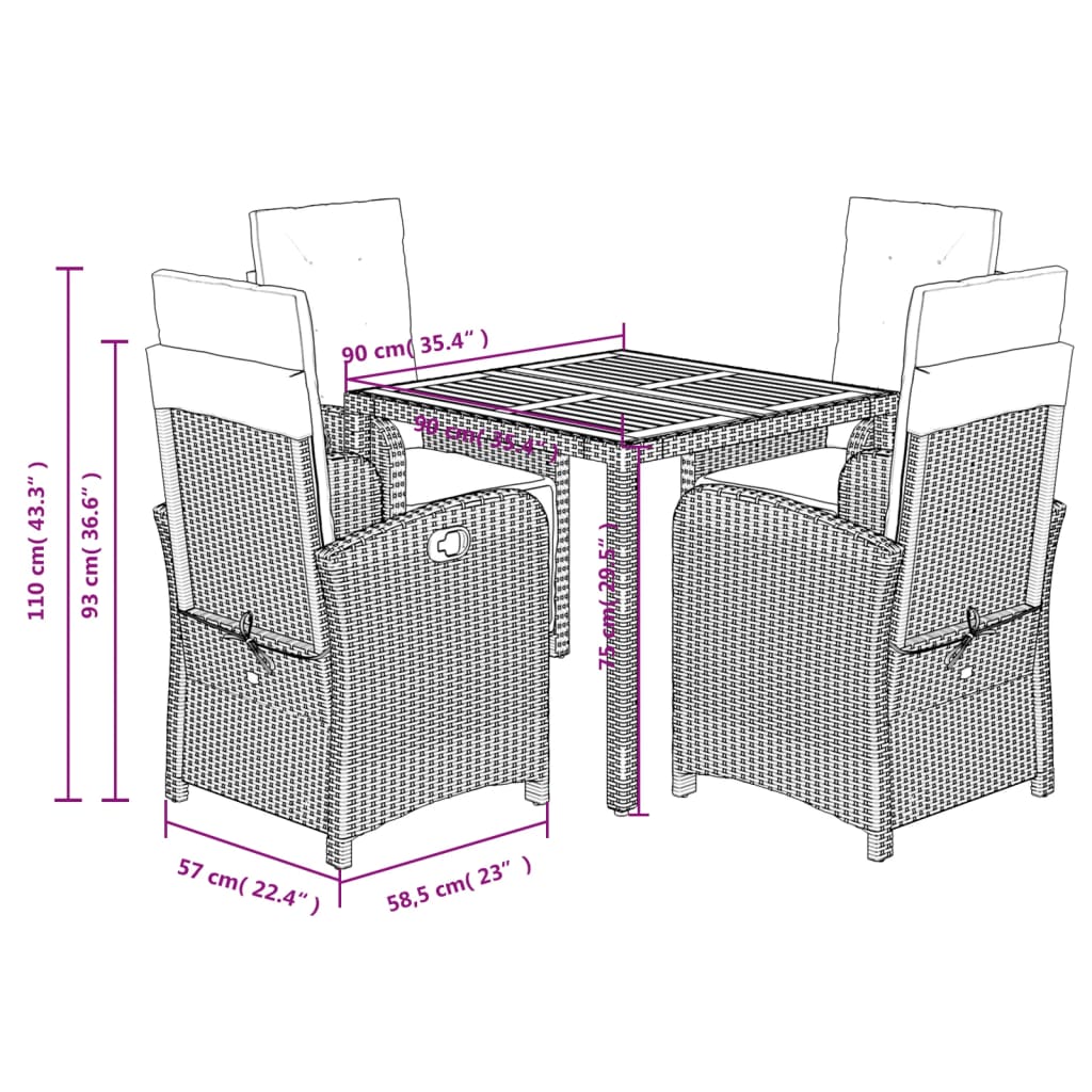 vidaXL 5 Piece Patio Dining Set with Cushions Gray Poly Rattan