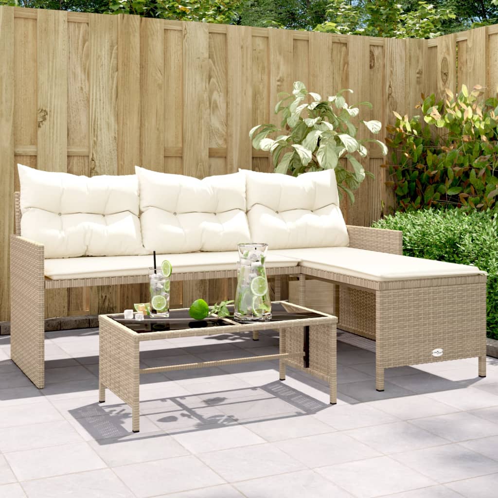 vidaXL Patio Sofa with Table and Cushions L-Shaped Beige Poly Rattan