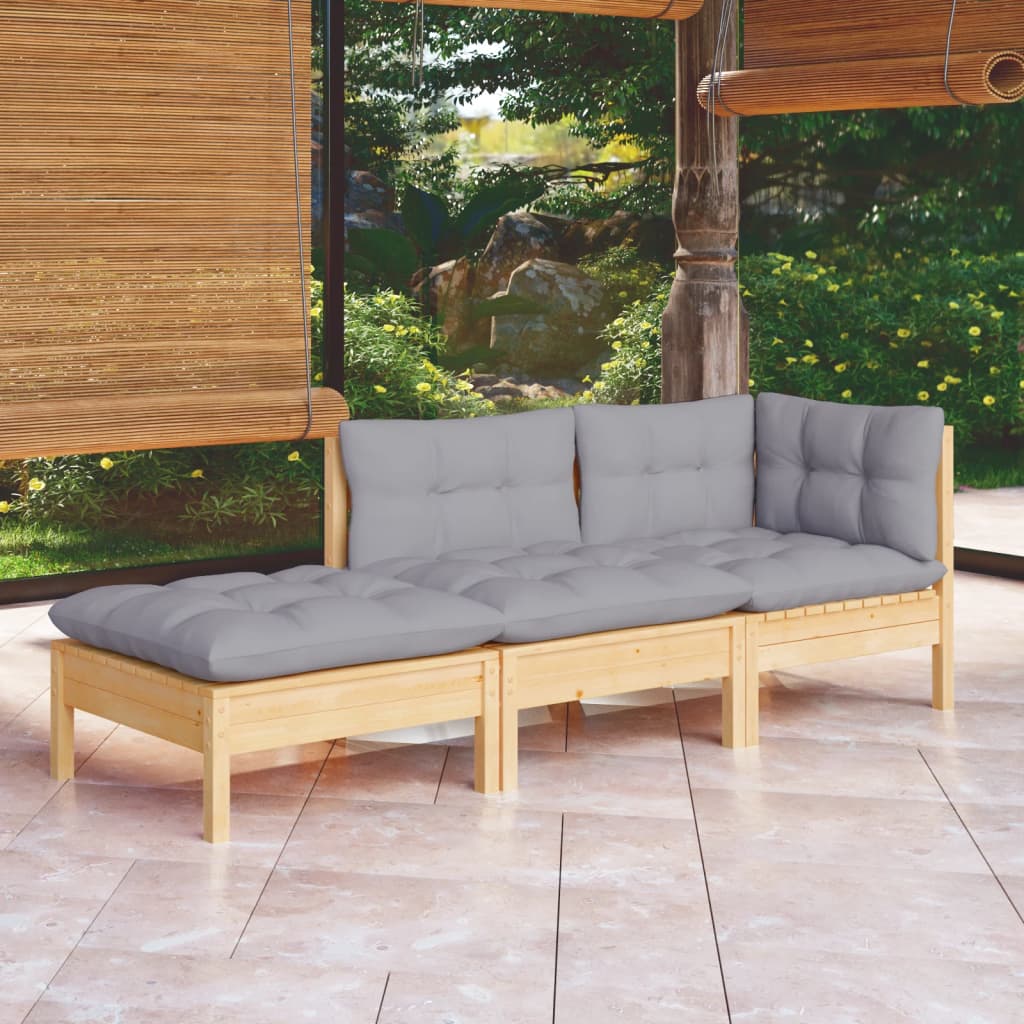 vidaXL 3 Piece Patio Lounge Set with Gray Cushions Solid Pinewood