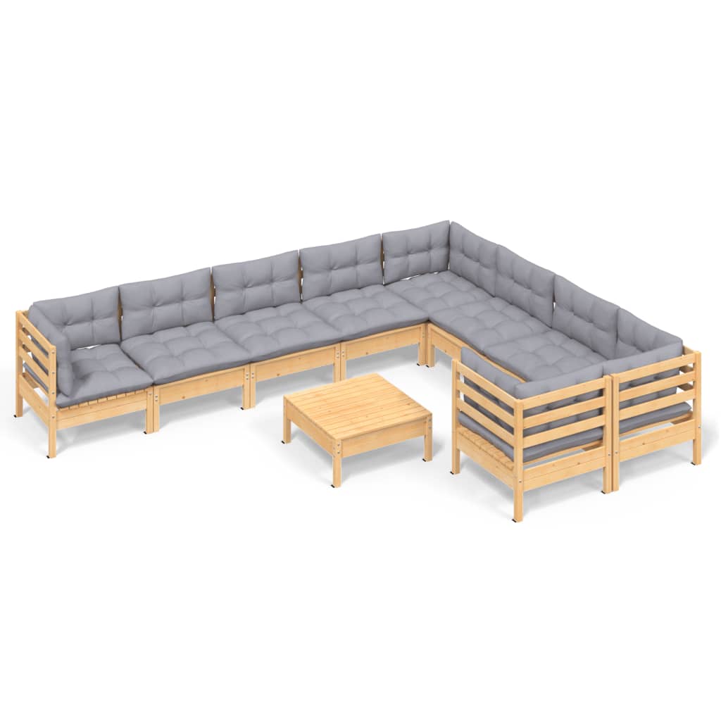 vidaXL 10 Piece Patio Lounge Set with Gray Cushions Pinewood