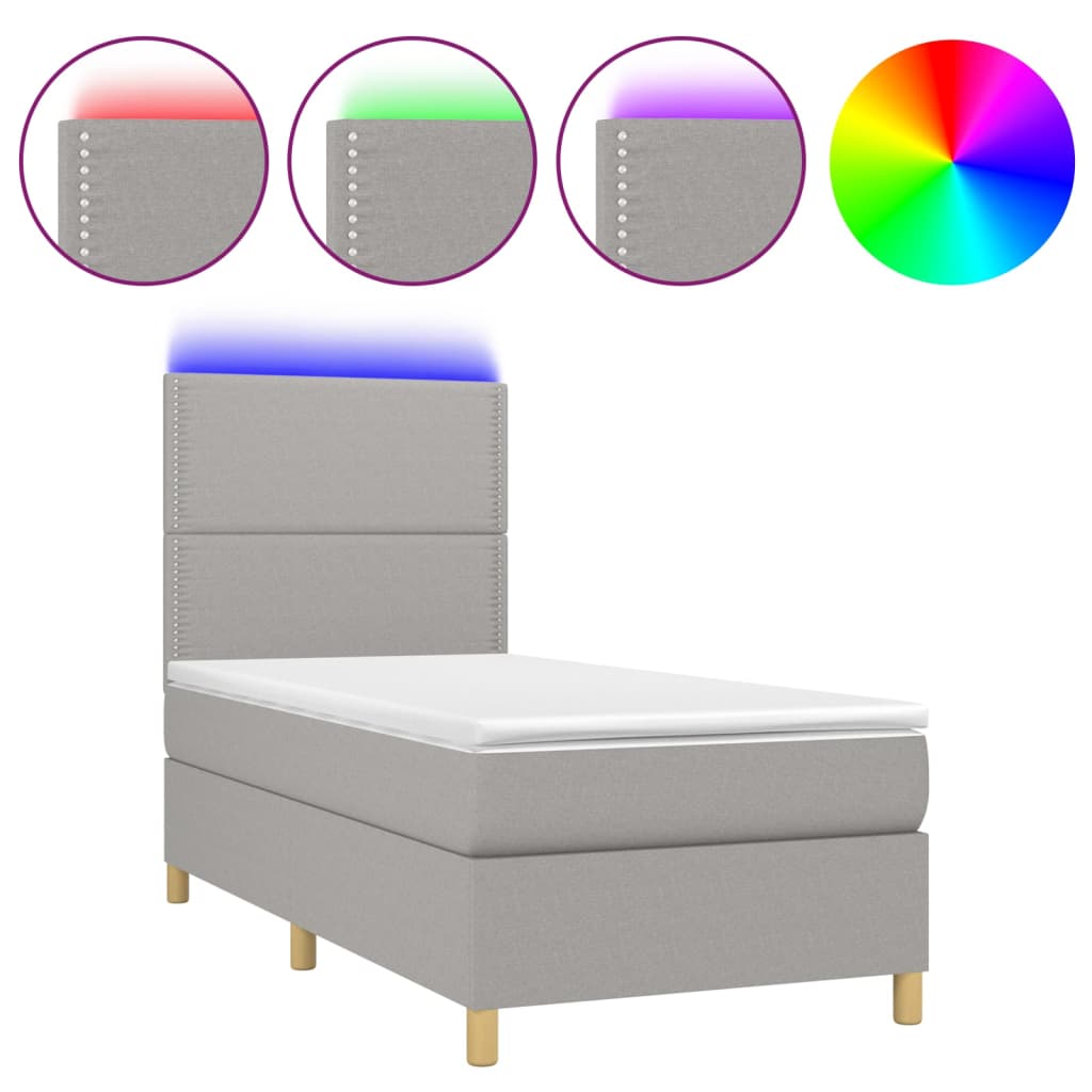 vidaXL Box Spring Bed with Mattress&LED Light Gray Twin Fabric