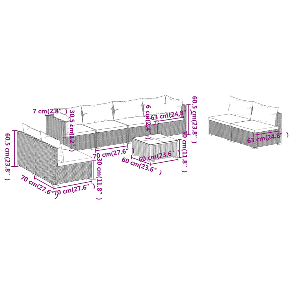 vidaXL 9 Piece Patio Lounge Set with Cushions Poly Rattan Gray