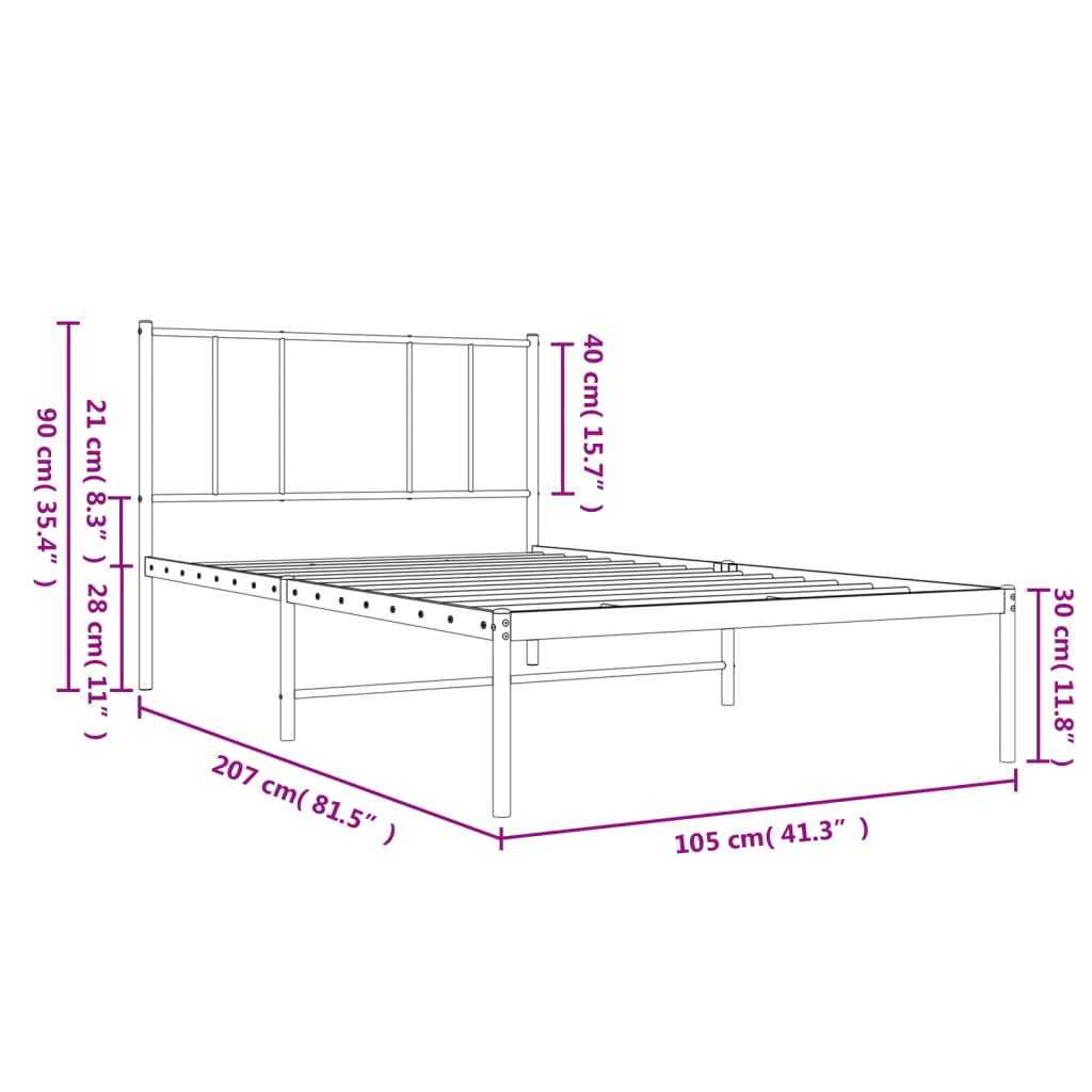 vidaXL Metal Bed Frame without Mattress with Headboard Black 39.4"x78.7"