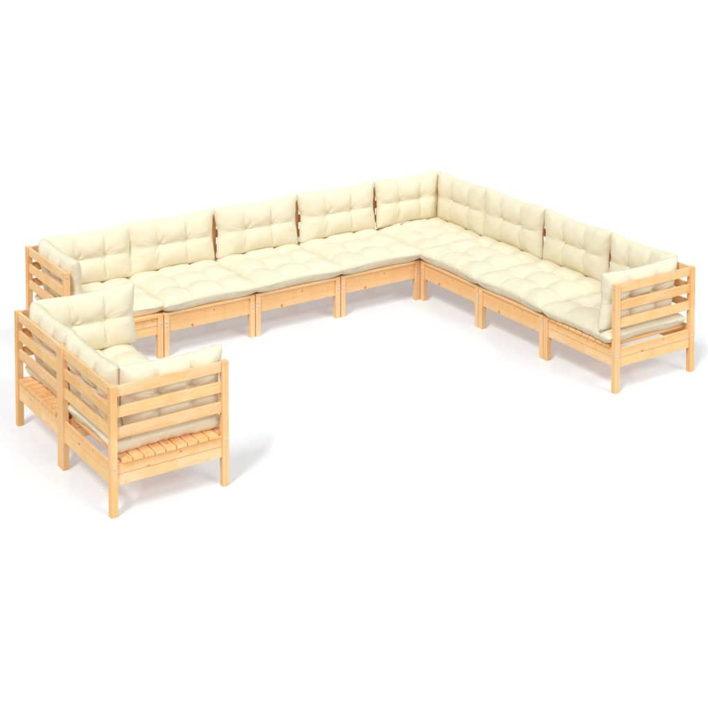 vidaXL 10 Piece Patio Lounge Set with Cream Cushions Solid Pinewood