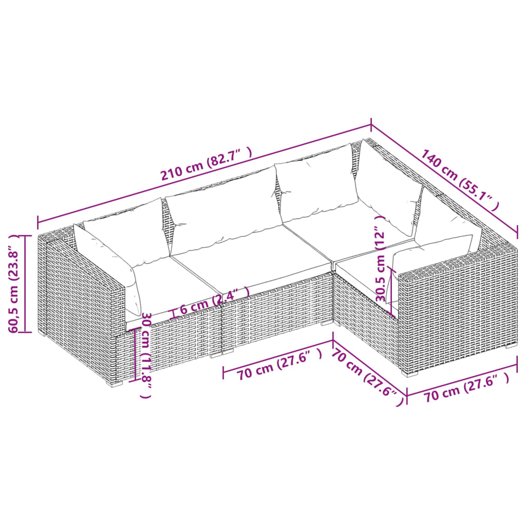 vidaXL 4 Piece Patio Lounge Set with Cushions Poly Rattan Gray