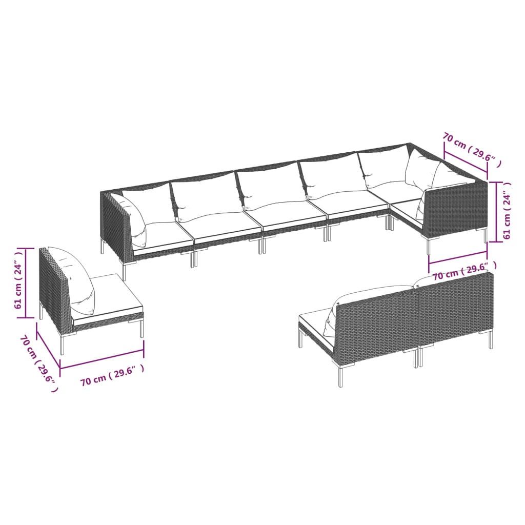 vidaXL 9 Piece Patio Lounge Set with Cushions Poly Rattan Dark Gray