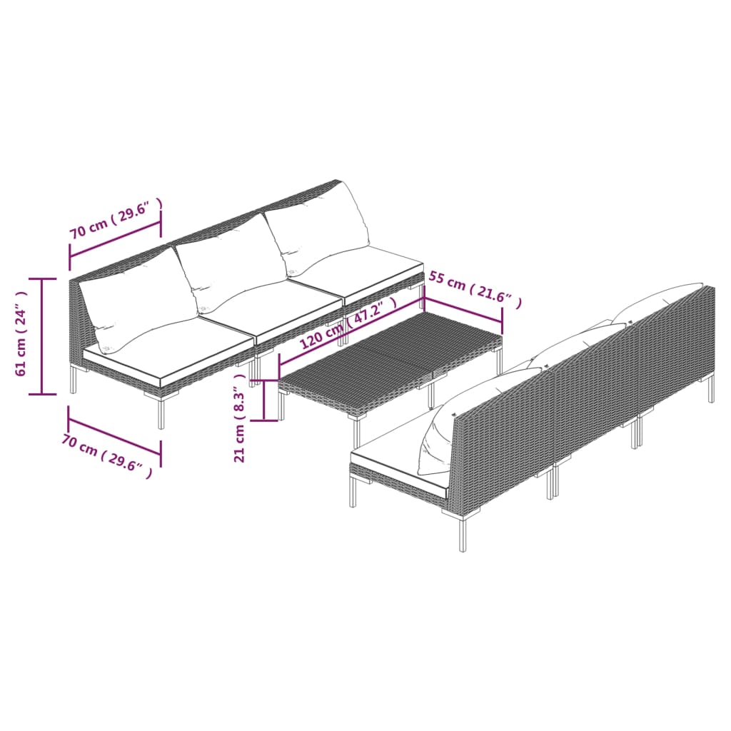 vidaXL 7 Piece Patio Lounge Set with Cushions Poly Rattan Dark Gray