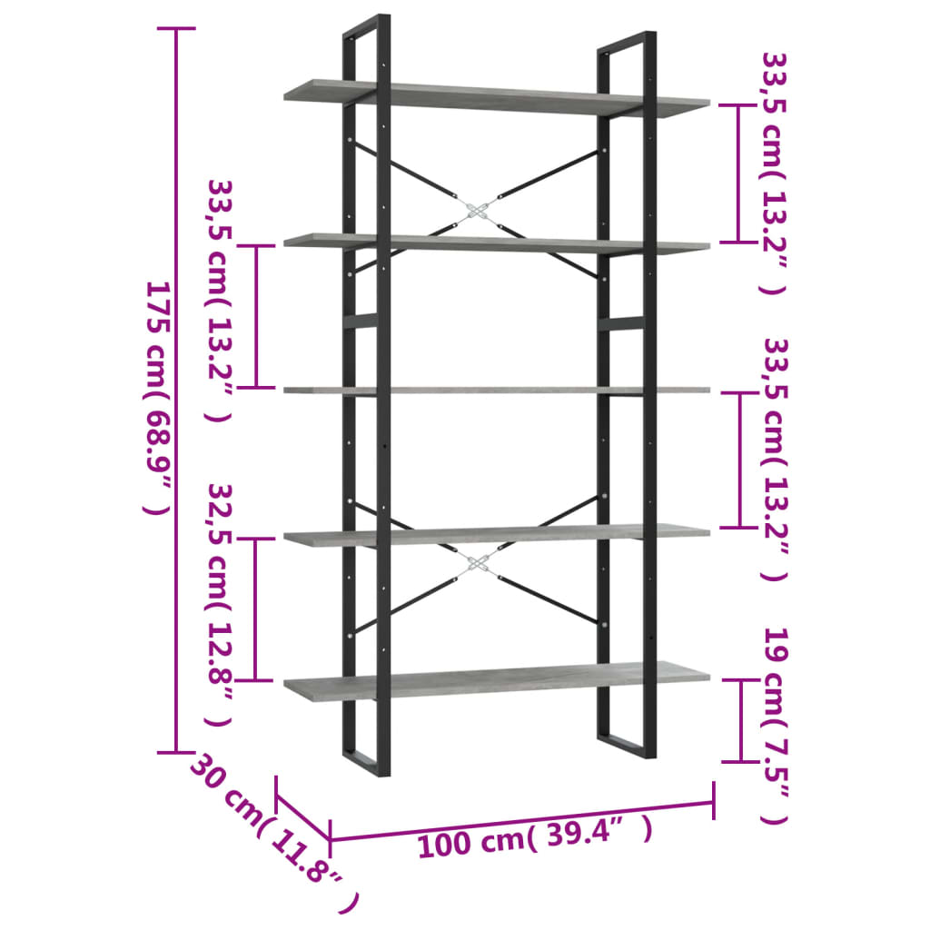 vidaXL 5-Tier Book Cabinet Concrete Gray 39.4"x11.8"x68.9" Engineered Wood