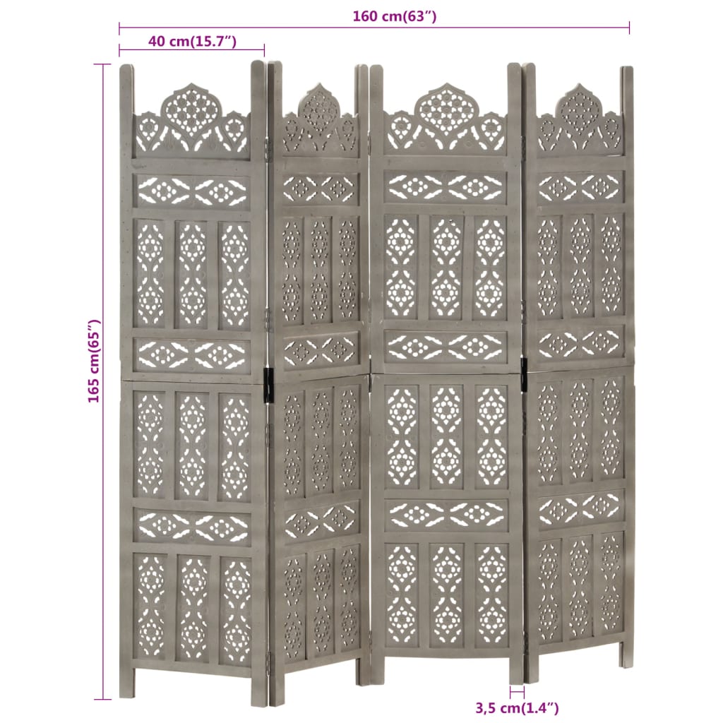 vidaXL Hand carved 4-Panel Room Divider Gray 63"x65" Solid Mango Wood