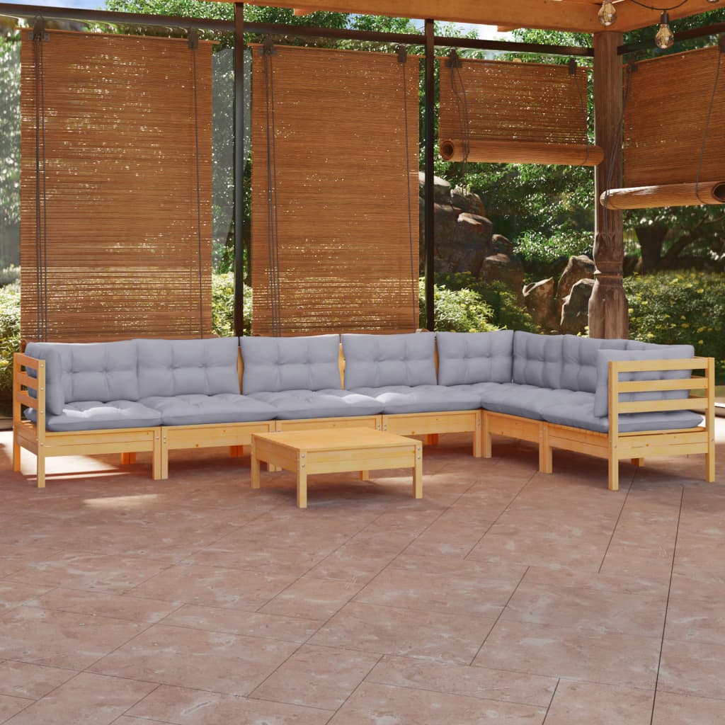 vidaXL 8 Piece Patio Lounge Set with Gray Cushions Solid Pinewood