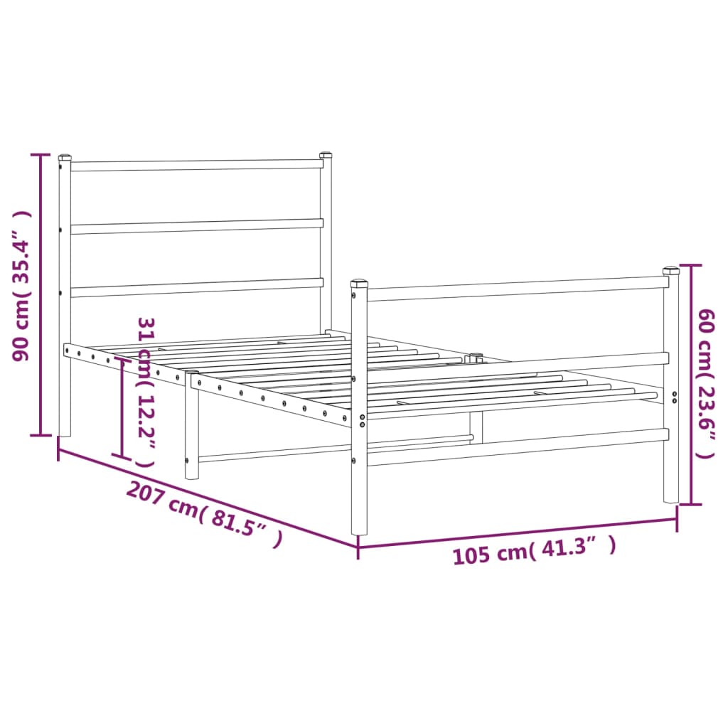 vidaXL Metal Bed Frame with Headboard and Footboard Black 39.4"x78.7"