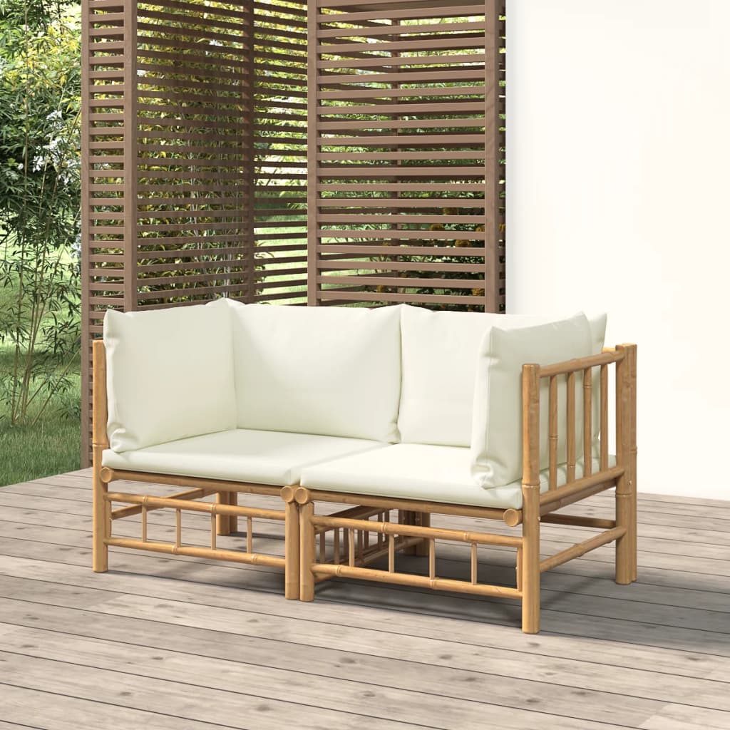 vidaXL Patio Corner Sofas with Cream White Cushions 2 pcs Bamboo