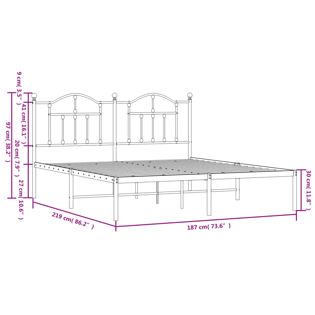 vidaXL Metal Bed Frame without Mattress with Headboard White 72"x83.9"