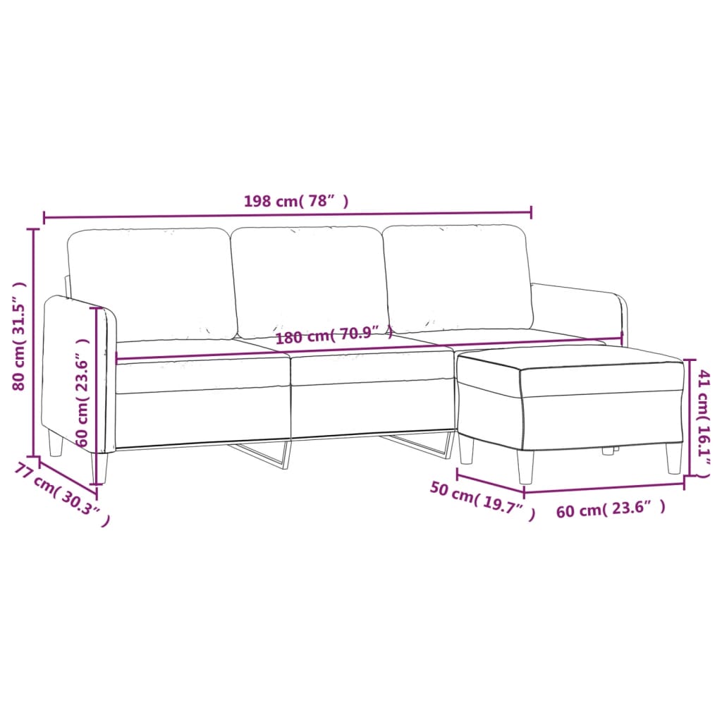 vidaXL 3-Seater Sofa with Footstool Light Gray 70.9" Fabric