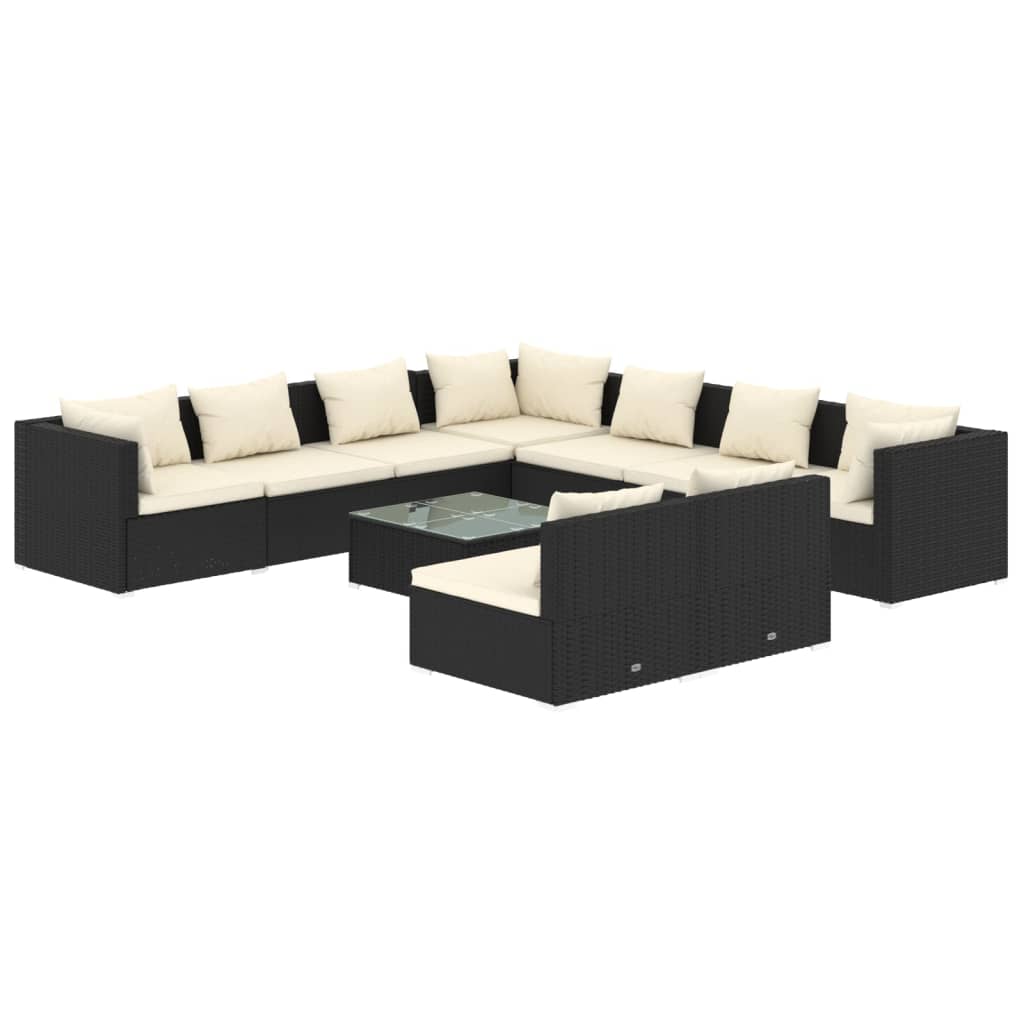 vidaXL 10 Piece Patio Lounge Set with Cushions Black Poly Rattan