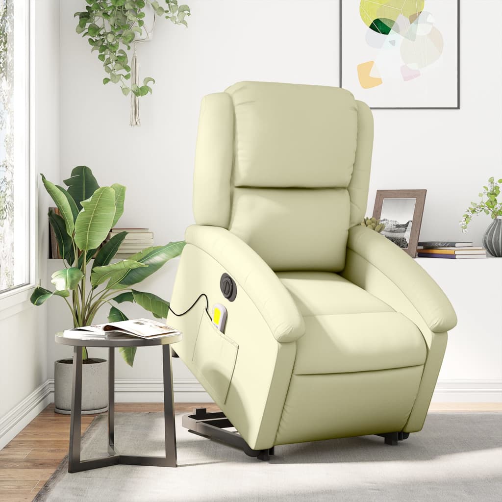 vidaXL Electric Stand up Massage Recliner Chair Cream Real Leather